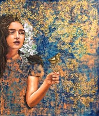 Sana Nezam, The Golden Silence, 30 x 36, Acrylic on Canvas, Figurative Paintin,  AC-SNZ-005